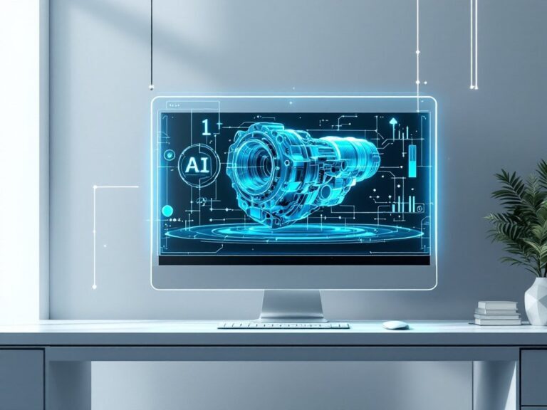 Moderner Monitor zeigt 3D-Darstellung eines technischen Bauteils mit AI-Symbol und Datenvisualisierung auf blauem Hintergrund