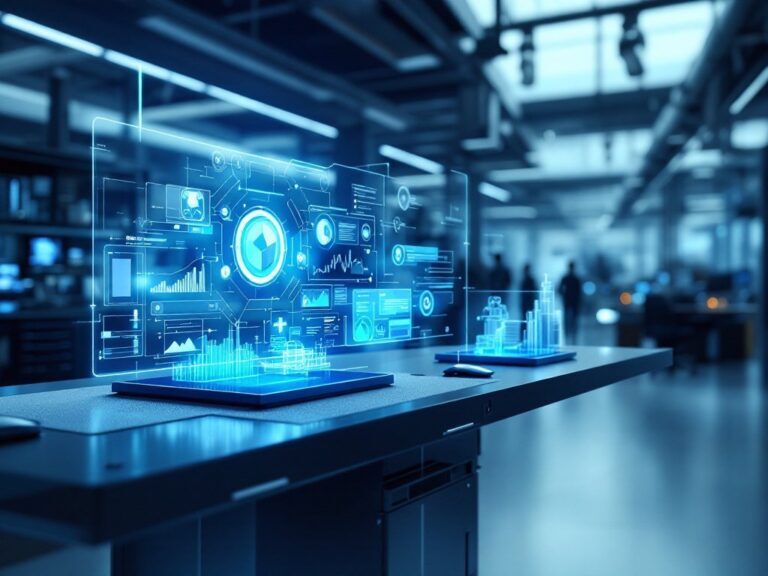 Moderne Arbeitsumgebung mit schwebender digitaler Datenvisualisierung auf Tisch inklusive Statistiken und Diagrammen