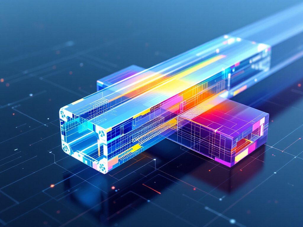 Drei leuchtende, transparente Container mit Datenströmen und Farbverläufen auf digitalem Hintergrund