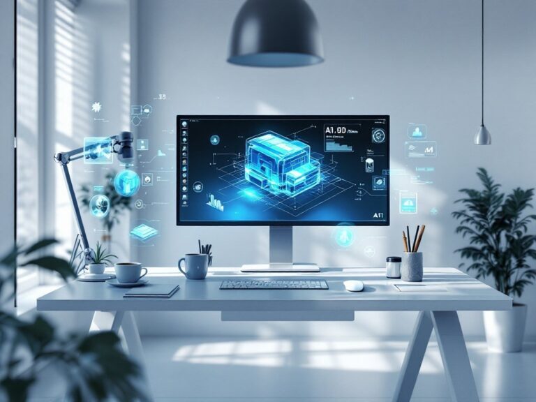 Moderner Arbeitsplatz mit 3D-Hausmodell auf Monitor, Laptop, Tastatur, Maus, zwei Pflanzen, zwei Bechern, Notizblock und Lam…