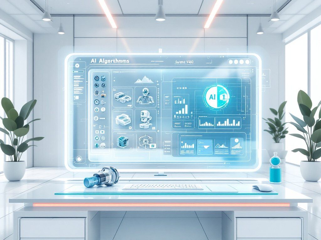 Moderner Arbeitsplatz mit holografischem Bildschirm zu KI-Algorithmen, Roboterarm, Laptop, Maus und zwei Pflanzen auf dem Sc…