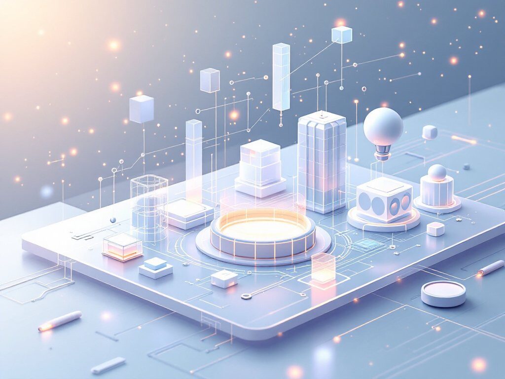 Abstrakte 3D-Darstellung einer futuristischen Stadtlandschaft mit Gebäuden, Lichtpunkten und digitalen Netzverbindungen auf …