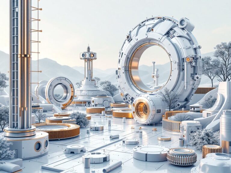 Futuristische Maschinenkomponenten und Industriearchitektur in winterlicher Landschaft mit Bergen im Hintergrund