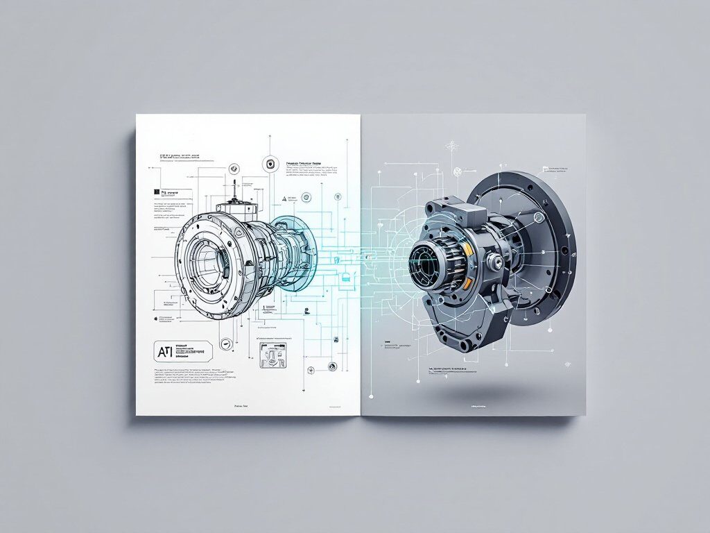 Technische Zeichnung und 3D-Darstellung eines ATI-Fluidkupplungsgetriebes mit Schnittansicht und Details