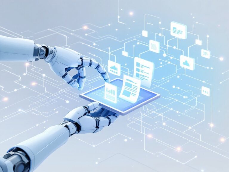 Roboterhand hält Tablet mit Datenanzeige vor digitalem Netzwerk mit Symbolen für Cloud, Dokumente und Diagramme