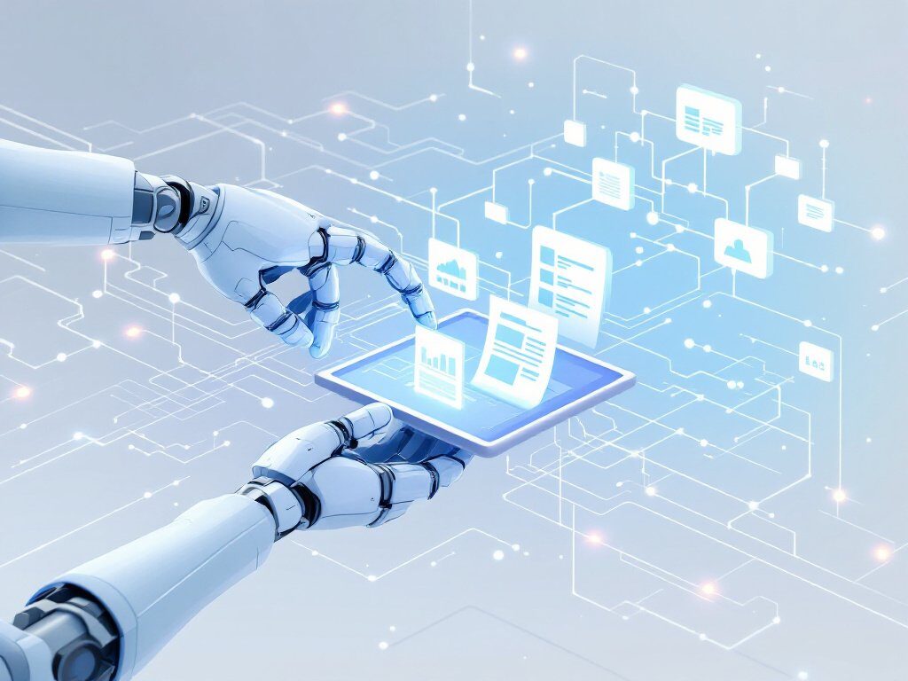 Roboterhand hält Tablet mit Datenanzeige vor digitalem Netzwerk mit Symbolen für Cloud und Dokumente