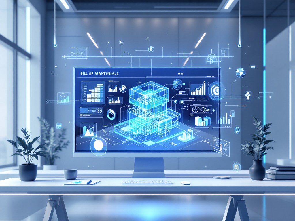 Moderner Arbeitsplatz mit Monitor, der ein 3D-Gebäudemodell und Baukosten-Diagramme zeigt, umgeben von Pflanzen und Büroauss…