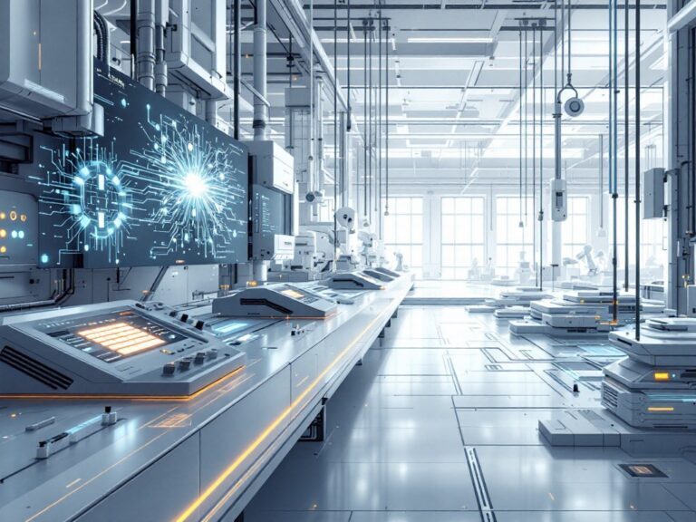 Moderne Fabrikhalle mit Robotern und digitalen Steuerungselementen auf Förderbändern