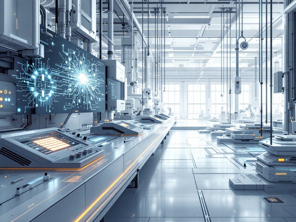 Moderne Fabrikhalle mit Robotern, Produktionsanlagen und digitalem Schaltpult sowie leuchtenden Schaltkreisen an der Wand