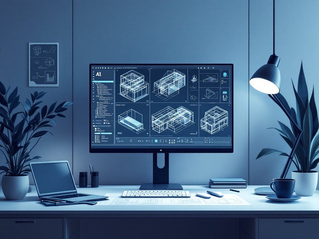 Moderner Arbeitsplatz mit Architektursoftware auf Monitor, Laptop, Tastatur, Notizblock, zwei Pflanzen, Lampe und Kaffeebech…