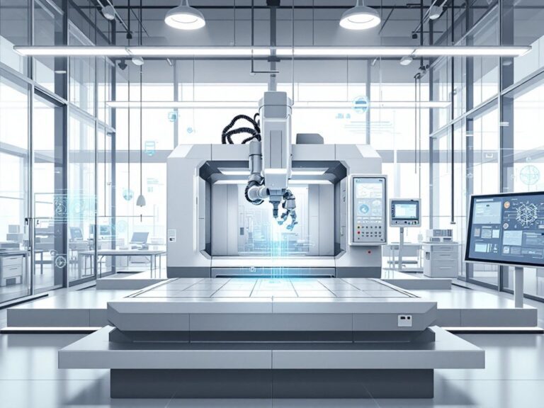 Moderne Industriehalle mit CNC-Maschine, Roboterarm und digitalen Steuerungselementen