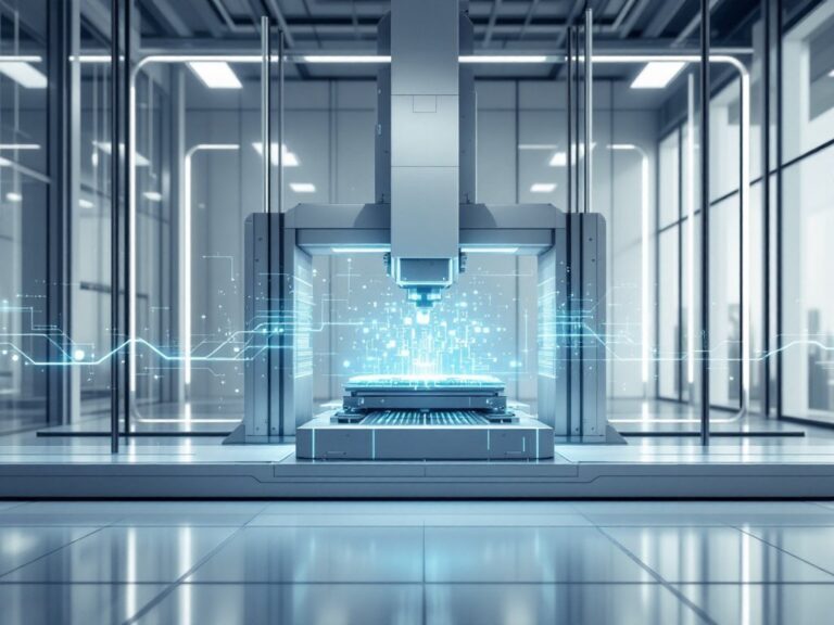 Moderne Industrieanlage mit CNC-Maschine und digitalen Datenströmen im Hintergrund