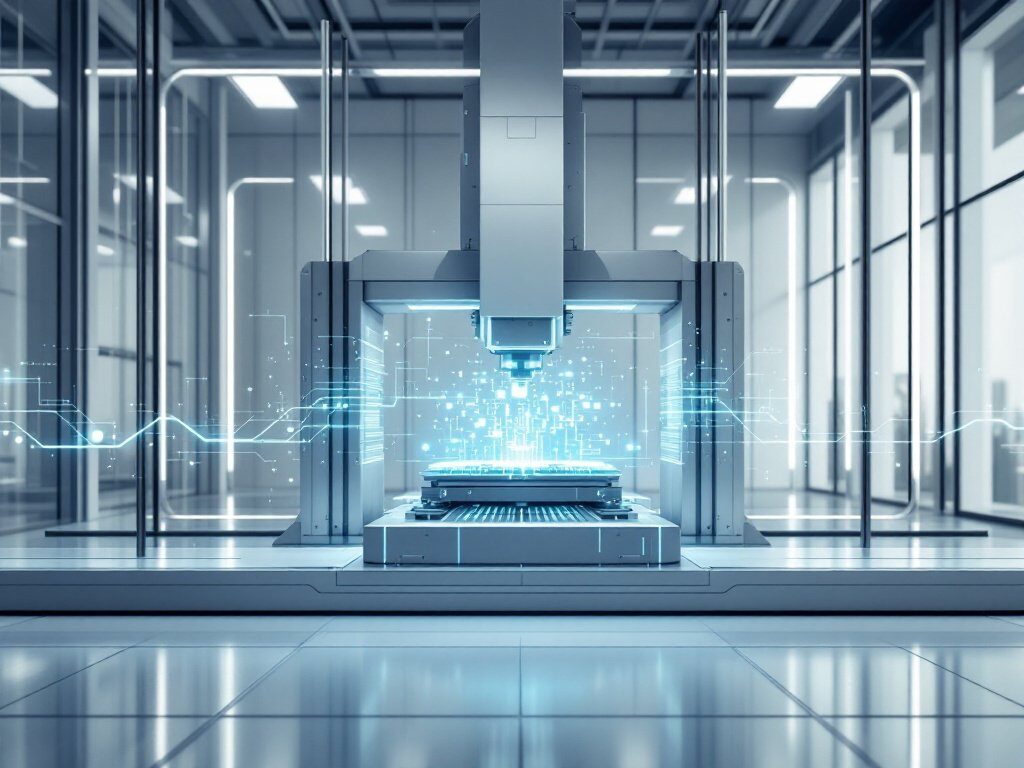 Moderne Industrieanlage mit CNC-Maschine und leuchtenden Datenverbindungen im Reinraum
