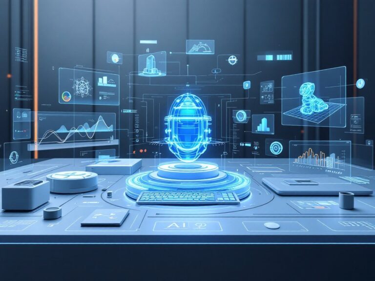 Futuristischer Arbeitsplatz mit holografischen Anzeigen, Roboterhand, Datenvisualisierungen und Technologiegeräten wie Lapto…