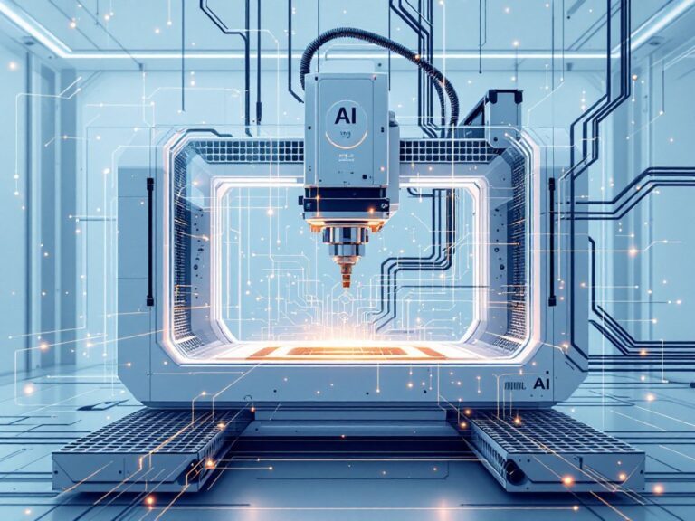 Moderne CNC-Fräse mit AI-Beschriftung in futuristischem Design und digitalen Schaltkreisen im Hintergrund