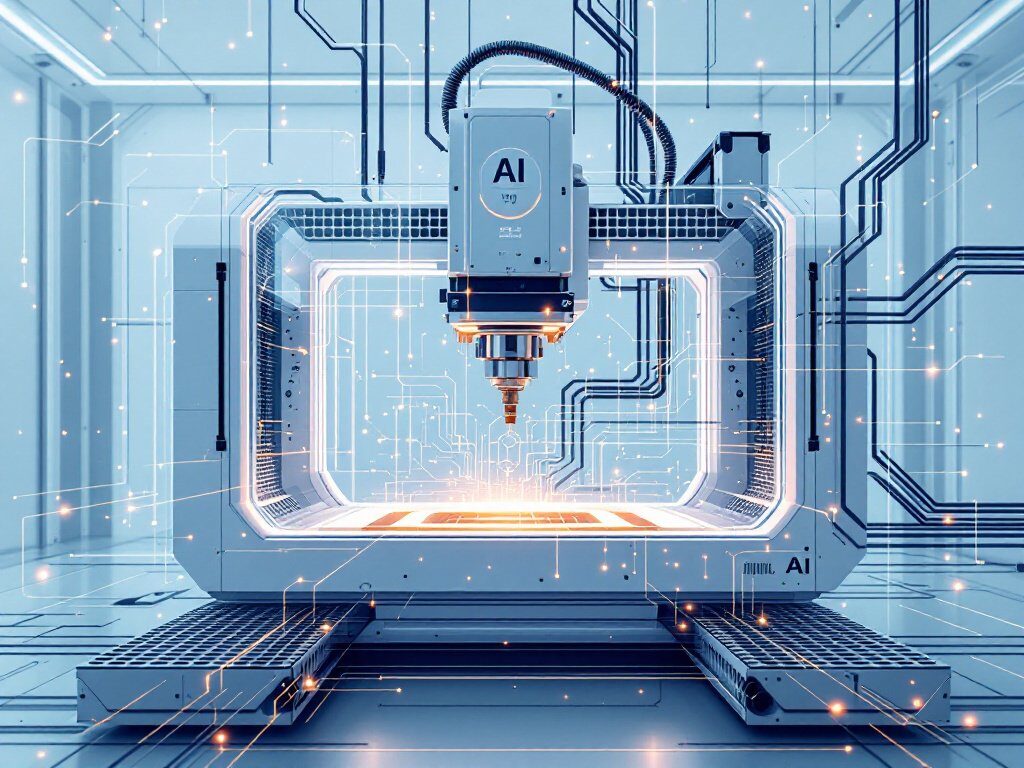 Moderne CNC-Fräse mit AI-Beschriftung in futuristischem Design und digitalen Schaltkreisen im Hintergrund