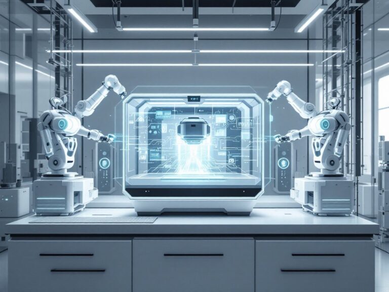 Zwei Industrieroboter mit Bildschirm in futuristischem Labor mit digitaler Anzeige eines Roboterkopfs