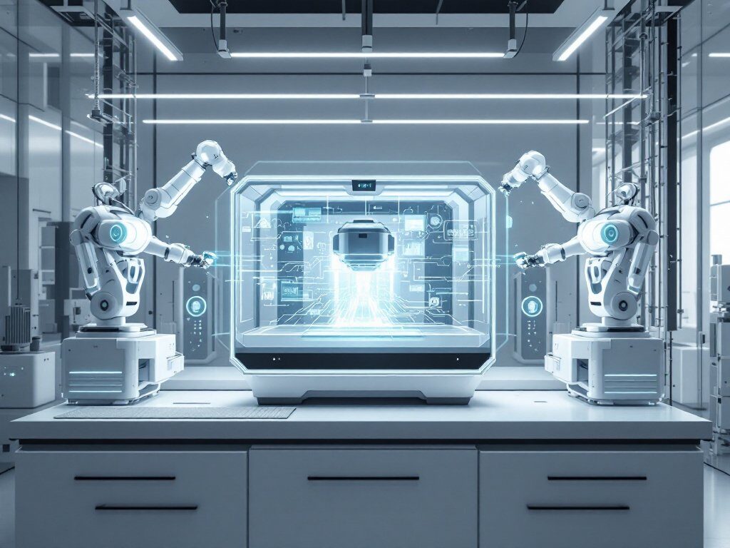 Zwei Industrieroboter mit Bildschirm in futuristischem Labor mit digitaler Anzeige eines Roboterkopfs