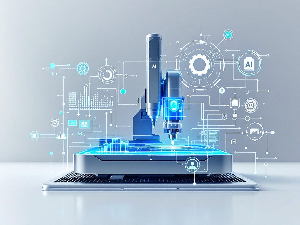 3D-Drucker mit KI-Symbolen und digitalen Schaltkreisen auf Arbeitsplatte